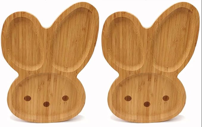 4919, Bamboo Food Plate for Snacks Appetizer Fruit Vegetable | Kids Meal Plate | Picnic Kitchen Party | Eco-Friendly Plates, Bunny Face with Long Ears Shaped, 11"x7.5", 2pc