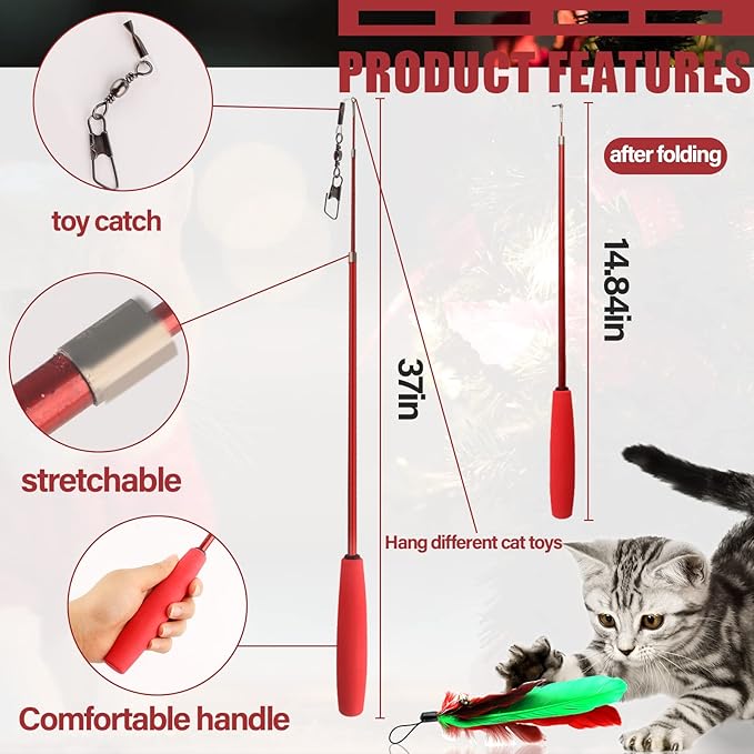 HOSUKKO 10PCS Cat Toys for Christmas Catnip Toys Interactive Feather Toys for Indoor Cats Replaceable Kitten Feather Toys with Ring Bells Retractable Cat Wand Colorful Cute Kitten Toys Gift