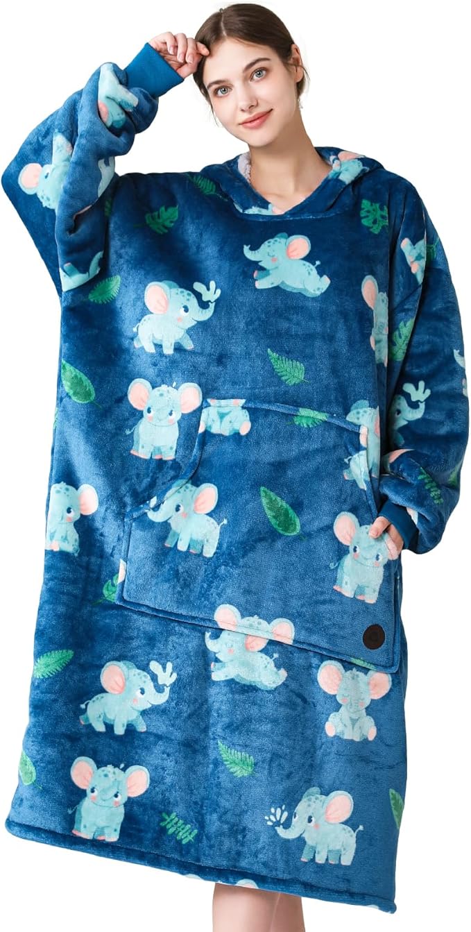 THREE POODLE Wearable Blanket Hoodie, Oversized Sherpa Sweatshirt Blanket for Adults Women Men, Warm Cozy Elephant Hooded Blanket, Gifts for Mom Girlfriend