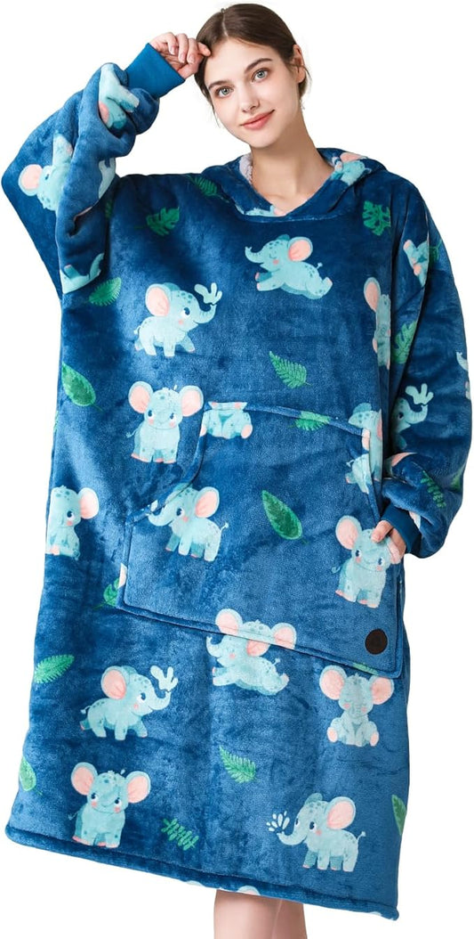 THREE POODLE Wearable Blanket Hoodie, Oversized Sherpa Sweatshirt Blanket for Adults Women Men, Warm Cozy Elephant Hooded Blanket, Gifts for Mom Girlfriend
