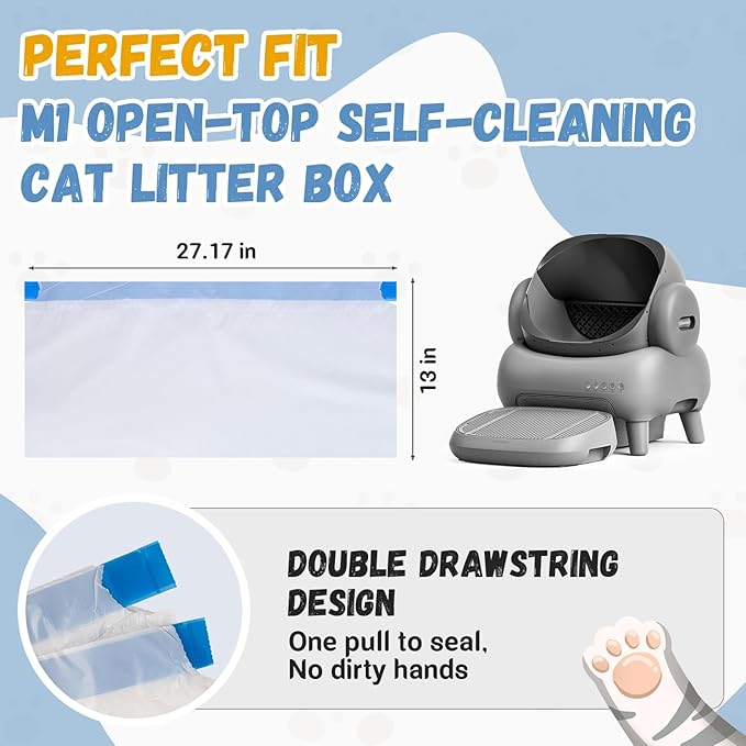 60 Count Cat Litter Bags Liners for Neakas M1 Open-Top Self-Cleaning Cat Litter Box, Extra Thick Drawstring Heavy Duty Disposable Leak-Proof Replaced Waste Bags, 27.17" x 13"