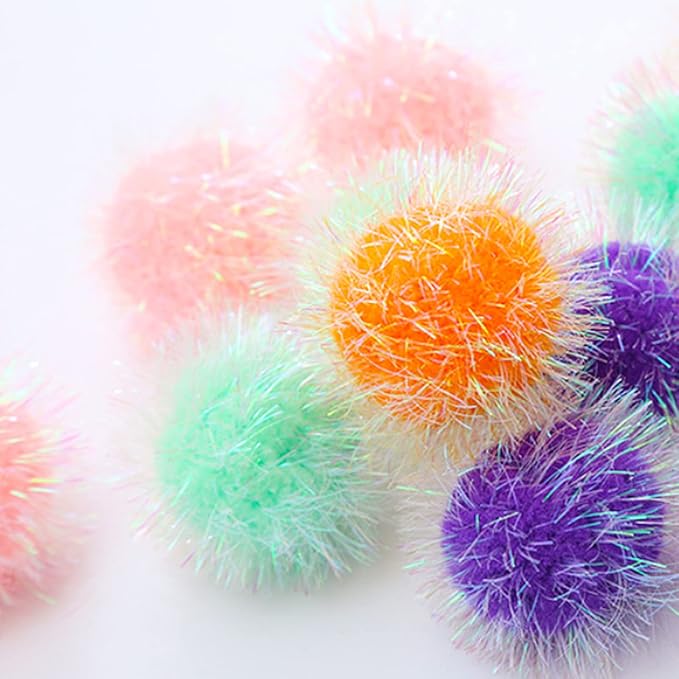 Cat Toy Balls 2 Inch Pom Pom Sparkle Ball Cat’s Favorite Toys Assorted Color Tinsel Glitter Fuzzy Balls 16 Pcs