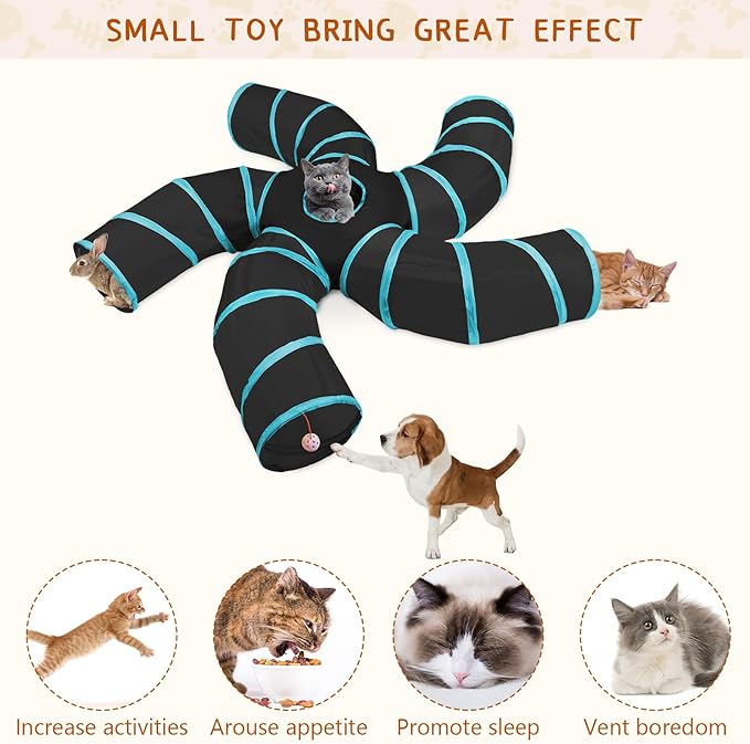Cat Tunnels for Indoor Cats, 5 Way Cat Tubes and Tunnels Collapsible S-Shaped Cat Toys, Kitty Tunnels with Play Ball, Interactive Pet Tube Toys for Puppy, Kitty, Kitten, Rabbit, Blue & Black