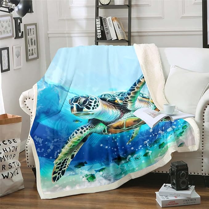 Turtle Fleece Throw Blanket Kids Teal Sea Sherpa Blanket Soft Ultra Soft Ocean Marine Tortoise Blue Sea Animals Gifts for Turtle Lovers Couch Bed Chair Sofa 40"X50"