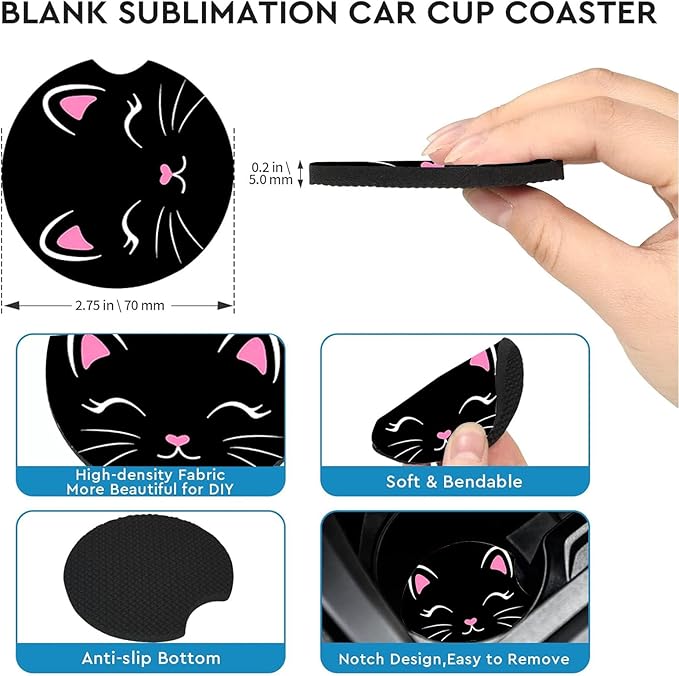 Car Coasters for Cup Holders,2 Pack Black Cat Car Coasters,2.75" Universal Size Anti Slip Rubber Mat,Automotive Cup Holder Decal Decor Accessories,Cute Cat Gifts for Women,Men,Mom