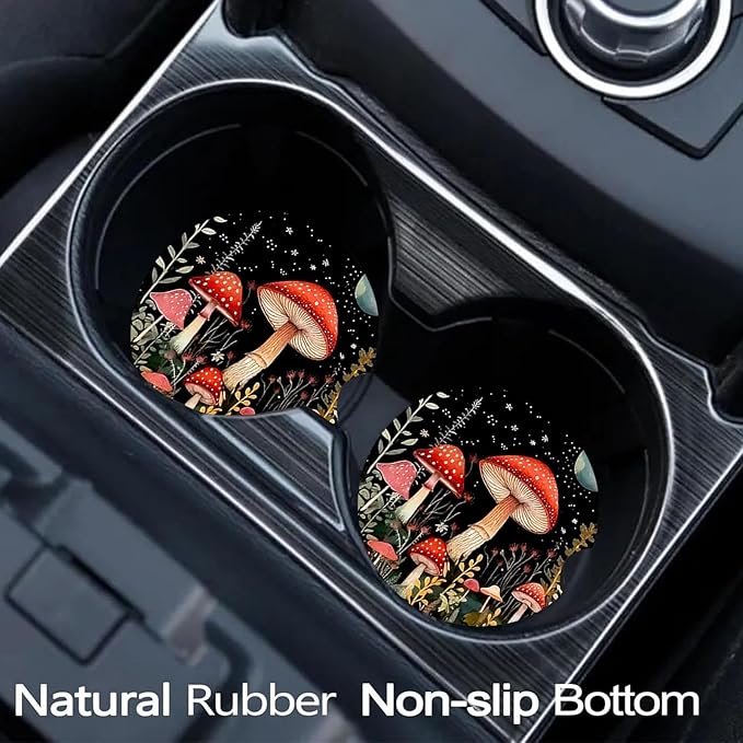 Car Coasters for Cup Holders,2 Pack Starry Night Mushroom Car Coasters,2.75" Universal Size Anti Slip Rubber Mat,Automotive Cup Holder Decal Decor Accessories,Mushroom Gifts for Women,Men,Mom