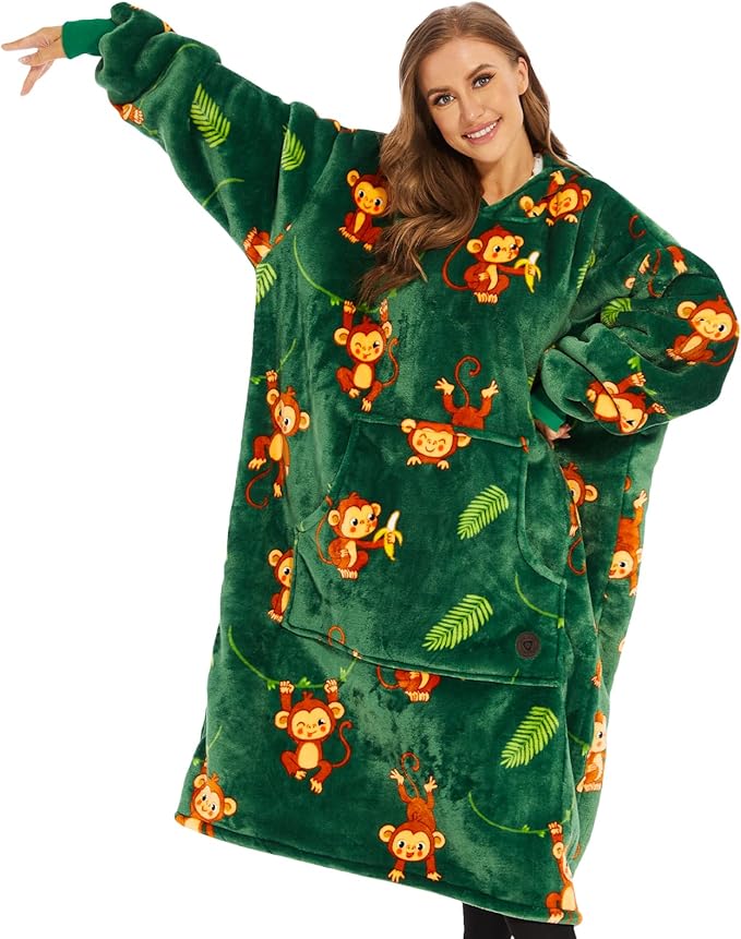 THREE POODLE Wearable Blanket Hoodie, Oversized Sherpa Sweatshirt Blanket for Adults Women Men, Warm Cozy Monkey Hooded Blanket, Gifts for Mom Girlfriend