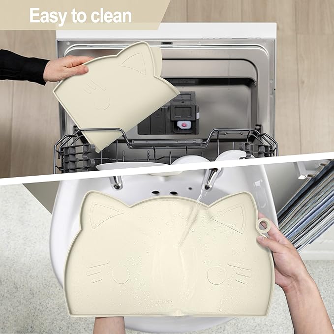 Coomazy Cat & Dog Feeding Mat, Thicker Non-Slip Silicone Mat with Raised Edge, Waterproof for Food & Water (Beige, Medium)