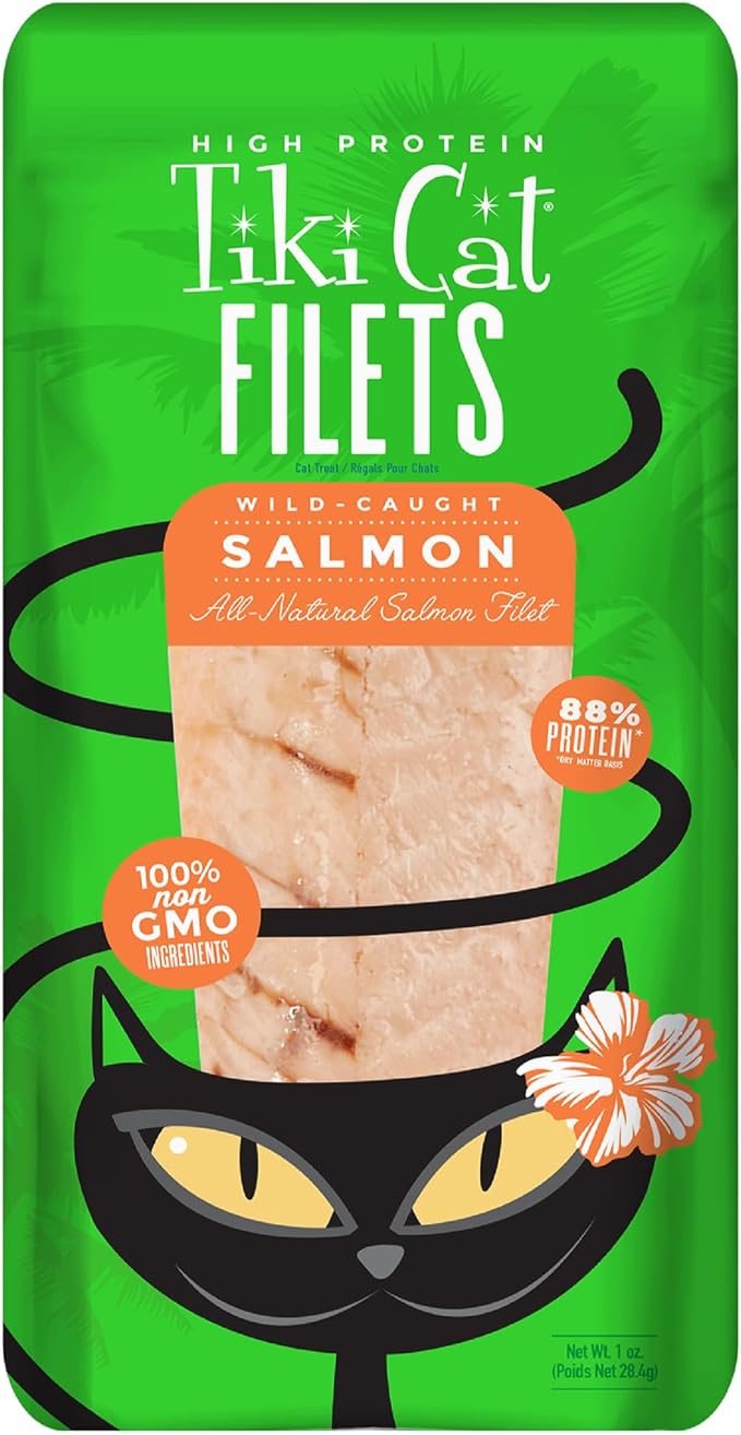 Tiki Cat Filet, All Natural Wild Caught Salmon, Single Ingredient High Moisture Non-GMO Wet Cat Food Topper, for All Life Stages, 1 oz. Pouch (Pack of 12)
