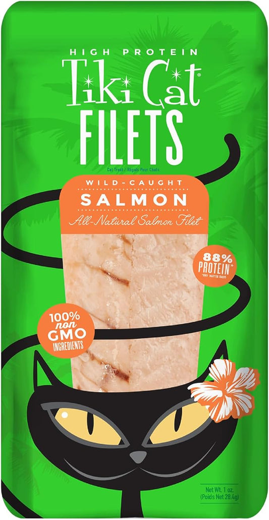 Tiki Cat Filet, All Natural Wild Caught Salmon, Single Ingredient High Moisture Non-GMO Wet Cat Food Topper, for All Life Stages, 1 oz. Pouch (Pack of 12)
