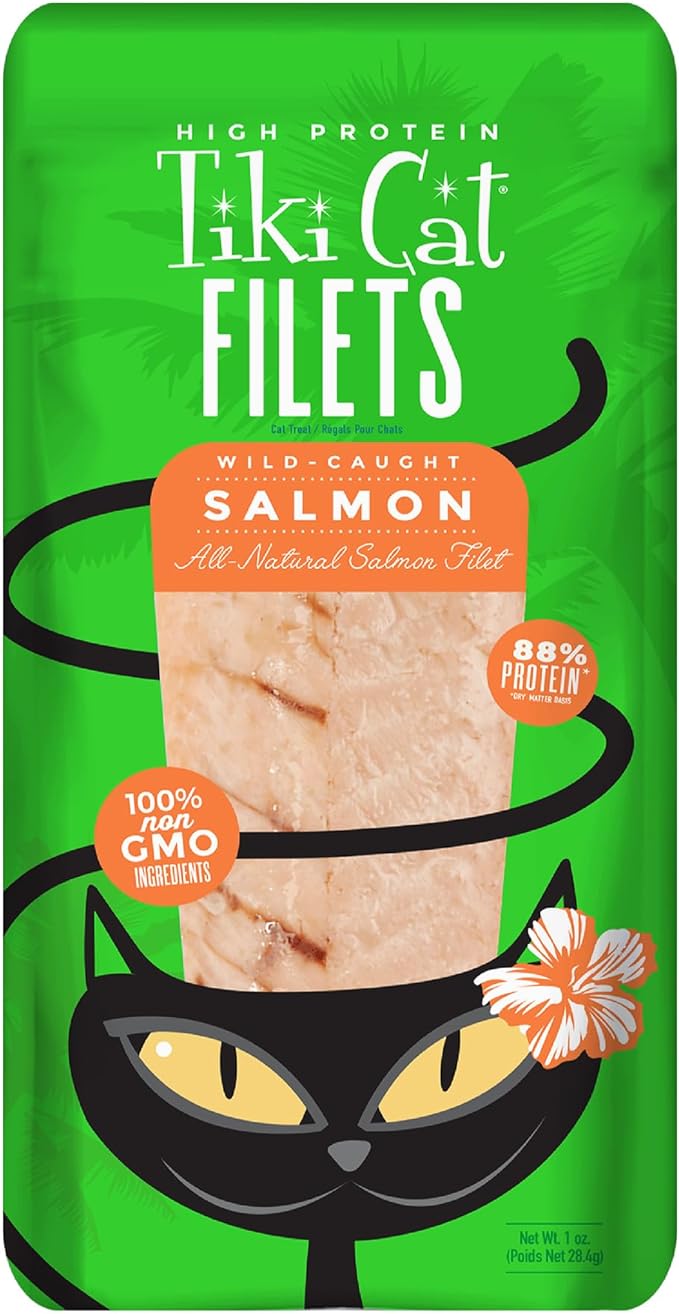 Tiki Cat Filet, All Natural Wild Caught Salmon, Single Ingredient High Moisture Non-GMO Wet Cat Food Topper, for All Life Stages, 1 oz. Pouch (Pack of 12)