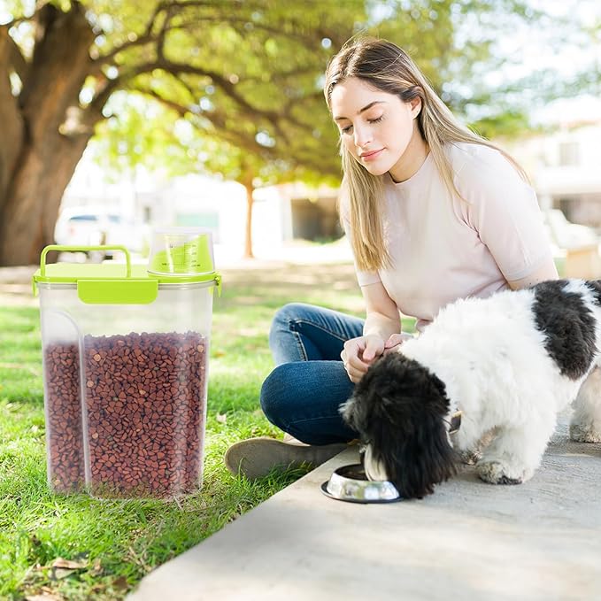 5-7Lbs Dog Cat Storage Container Portable with Upgraded Large Spout and Cup,Plastic Pet Food Dispenser for Small Animal Kibble, Bird Bird Seed,Oatmeal,Rice,flour,brown sugart-Grass Green