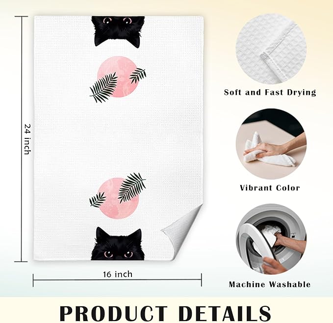 Boho Black Cat Kitchen Towels Set of 4, Pink and Black Cat Hand Towels for Bathroom, Boho Botanical Cat Dish Towels, Black and Pink Bathroom Decor, Cat Kitchen Decor, 16x24 Inch