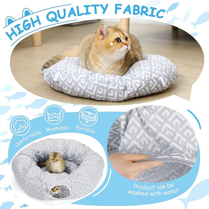 BORPEIN Cat Tunnel Bed, Cat Donut Tunnel, Peekaboo Cat Cave for Indoor Cats Kitty Kitten Crinkle Collapisble Donut Cat Tunnels