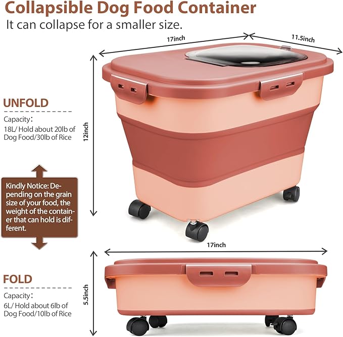 Dog Food Storage Container, 5-20Lbs Collapsible Pet Food Storage Containers with Rolling Wheel Airtight Locking Lid, Dry Food Storage Bin with Cup and Scoop,Suitable for Pet Food, Rice, Flour