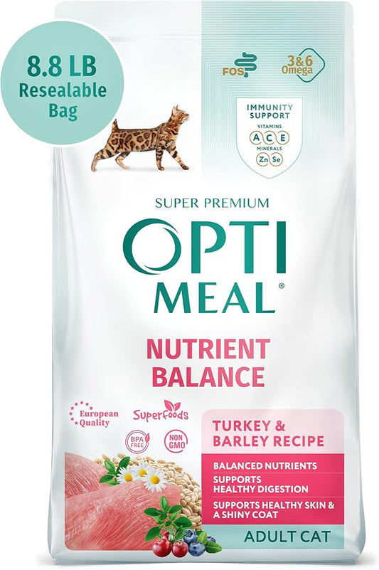 OPtimeal Natural Dry Cat Food for Adult Cats - Proudly Ukrainian - Tasty and Nutritional Cat Food Dry Recipe with Immunity Support for Healthy Felines (8.8 lbs, Turkey & Barley)