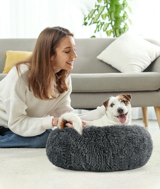 Round Dog Bed for Small Dogs, Donut Cuddler Plush Cat Calming Bed with Machine Washable, Non-Slip Fluffy Dog & Cat Calming Cushion Bed for Joint-Relief and Sleep Improvement, S Size, Dark Grey