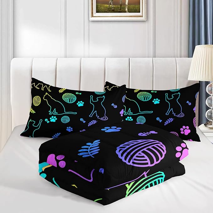 Black Cat Bedding Cartoon Cat Comforter Set Twin,Neon Cat Paw Ball of Yarn Printed Kids Bedding for Cat Lover Boys Girls Adults Room Decor,Kids Comforter,1 Quilt 2 Pillow Cases,Neon Color Purple Blue
