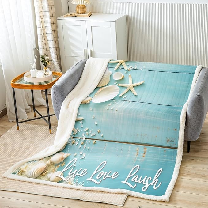 Starfish Seashell Fleece Blanket, Conch Sea Shell Sherpa Throw for Couch Sofa - Coastal Animal Baby Size Retro Rustic Farmhouse Teal Wooden Striped Plush for Kids Boys Girls