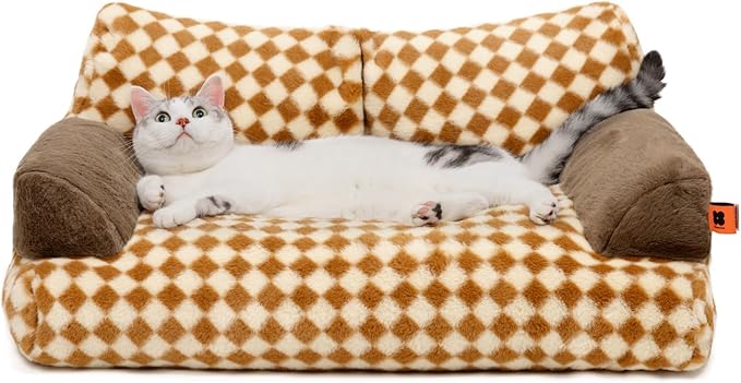 MEWOOFUN Cat Couch Bed for Indoor Cats, Washable Small Dog Beds for Medium Small Dogs & Cats up to 25 lbs, Fluffy Pet Beds with Non-Slip Bottom, 26×19×13 Inch (Brown)