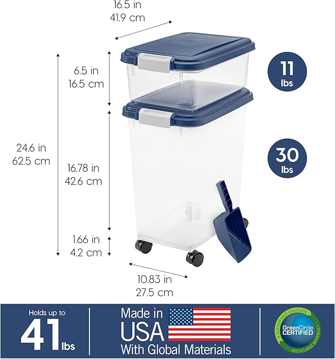 IRIS USA Dog Food Storage Container, 30 lbs & 11 lbs Combo, Cat Food Storage Container, Dog Treat Container, Airtight, Stackable, 2-Cup Scoop, Wheels, Easy Mobility, Navy