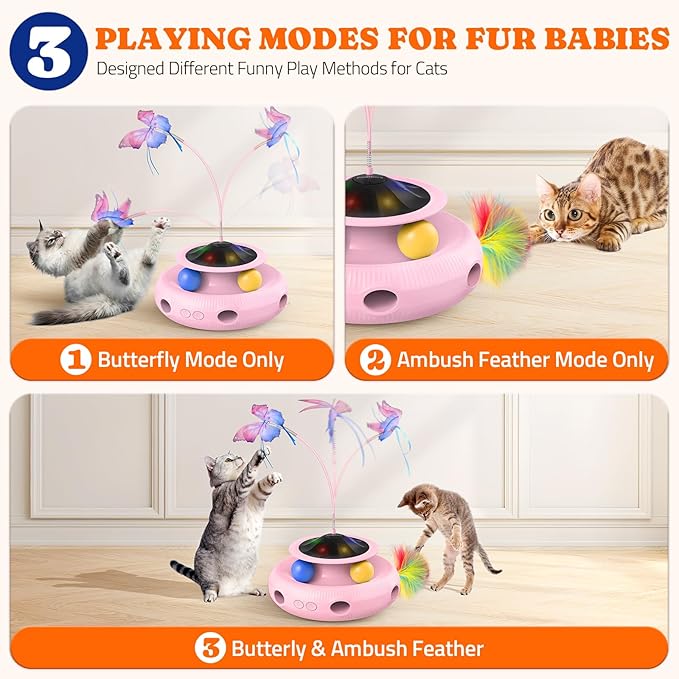 Interactive Cat Toy: 4 in 1 Automatic Cat Toy for Indoor Cats, Electric Kitten Toy with Rechargeable Battery, Self Play Kitty Toy with Fluttering Butterfly, Track Ball and Feather Pack, Pink