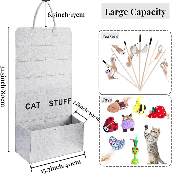 2 Pack Cat Toy Storage, Hanging Cat Teaser Wand Holder for Neatly Organization, Durable Feather Pet Toy Organizer Bag with Handle for Indoor Cat, Pet Supplies, Feline Safety