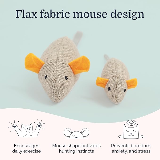 Hepper Catnip Mice Toy Set - Flax: Premium Catnip-Infused Mice Cat Toys for Endless Play, Multi-Textured Flax Fabric Ideal for Quiet Self-Play - 2 pcs Pet Toys for Cats for Kicking & Tossing