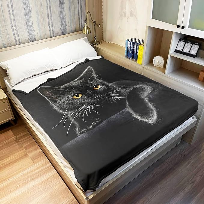 HommomH 50"x80" Blanket Soft Fluffy Flannel Fleece Throw Black Cat