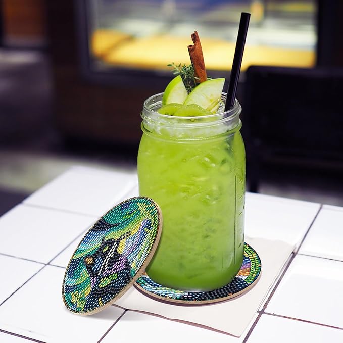 Black Cat Diamond Art Coasters - 8 Pcs DIY Colorful Glass Diamond Painting Coasters Kits with Non Slip Pads Home Table Decor Art Craft Supplies Birthday Gift for Adult Beginners Cat Lover