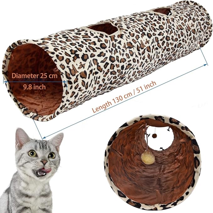 LeerKing Extra Long Cat Tunnel 51"(L) Dia 12" for Large Fat Cat connectable Crinkle Tube Indoor Outdoor Hideaway Toy for Kitty Bunny and Puppy Leopard