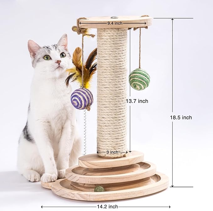 MEWOOFUN Cat Toy 2-Layer Turntable Cat Ball Toy with Feather,Kitten Toys Interactive Cat Toy with Eight Interactive Balls and Two Sisal Dangling Balls (Large)