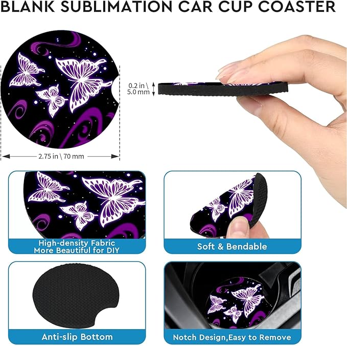 Car Coasters for Cup Holders,2 Pack Butterfly Car Cup Holder Coasters,2.75" Universal Size Anti Slip Rubber Mat,Automotive Cup Holder Decal Decor Accessories,Butterfly Gifts for Women,Mom