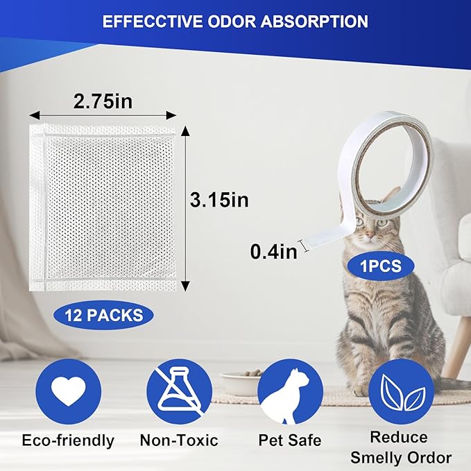 12PCS Cat Litter Deodorizer, Cat Litter Odor Eliminator with Double-sided Tape Compatible with Litter-Robot 3, Litter-Robot 4 and Traditional Cat Litter Box for Absorbing Odors Keep Air Fresh