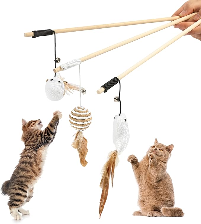 Wood Handle Teathered & Feathered Play Wand Cat Toy (Small Chick) for All Breed Sizes