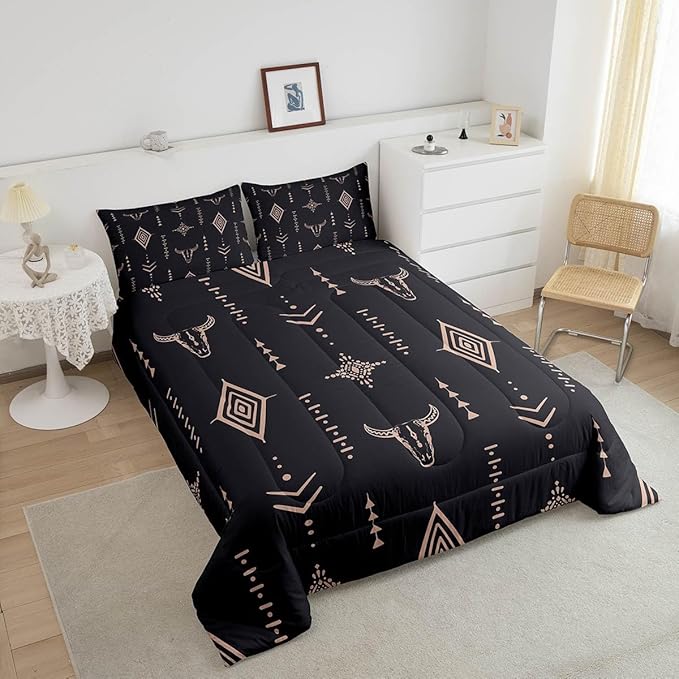 Bull Skull Comforter Set King Boho Bedding Ethnic Horns Bohemian Bedding Comforter Sets Black Brown Tribal Symbol Mysterious Aztec Bedroom Decor Abstract Geometric Duvet Insert for Men Boys