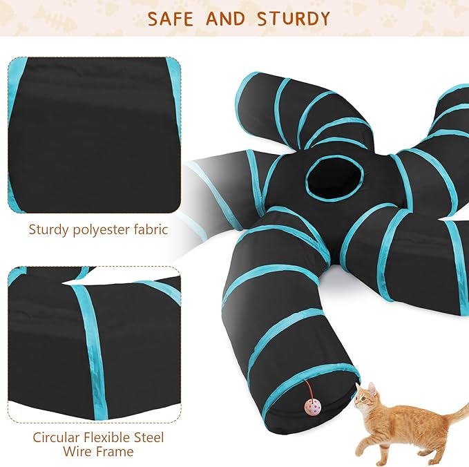 Cat Tunnels for Indoor Cats, 5 Way Cat Tubes and Tunnels Collapsible S-Shaped Cat Toys, Kitty Tunnels with Play Ball, Interactive Pet Tube Toys for Puppy, Kitty, Kitten, Rabbit, Blue & Black