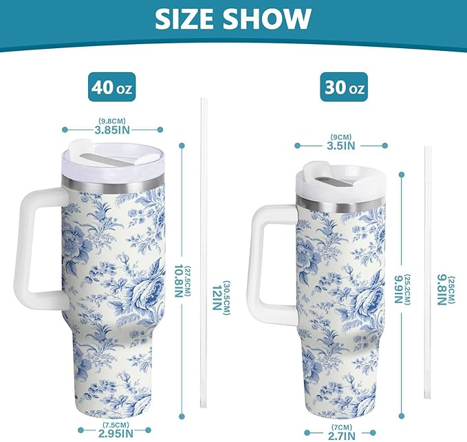Boccsty Vintage French Floral Insulated Tumblers Blue Pattern Reusable Stainless Steel Tumbler 30 oz Cup Coffee Travel Mug Water Bottle with Handle & Flip Straw for Home Office Car