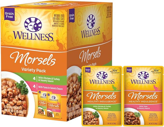 Wellness Healthy Indulgence Morsels Grain-Free Wet Cat Food, Made with Natural Ingredients and Quality Proteins, Complete and Balanced Meal, 3 oz Pouches (Morsels Variety Pack, 8 Pack)