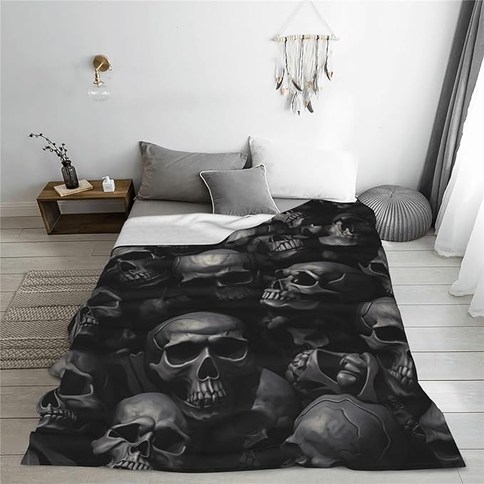 Black Horror Skull Fuzzy Sofa Throw Blanket Flannel Super Soft Warm Fleece Bedspread Home Decor for Bed Couch Living Room All Season 80"X60"