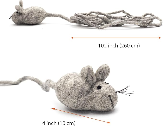 Glaciart One Felt Mouse Cat Toy – Soft Fuzzy Enrichment 100% Natural Wool Toy - Interactive Catnip Play Cat Toy Set - Safe for Pets, Non-AZO Colored Dyes - 100” Long