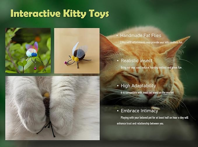 Cat Insect Feather Toys Replacement - 2 Pcs Handmade Natural Fat Flies - Cat Toy Wand Refills - Interactive Kitten Teaser Wand Attachments - Cat Toys for Indoor Cats Play