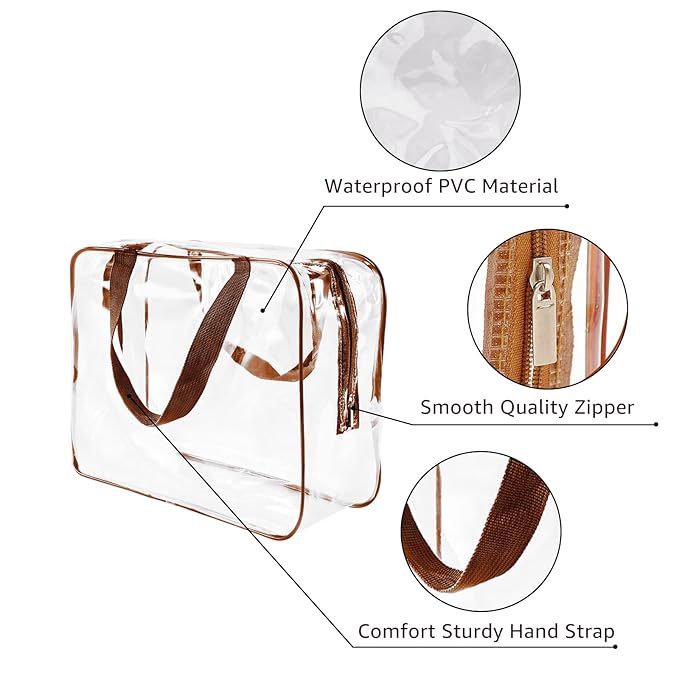 6Pcs Crystal Clear PVC Travel Toiletry Bag Kit for Women Men, Waterproof Vinyl Packing Organizer Storage Bags with Zipper Handle Straps, Cosmetic Pouch Carry on Airport Airline Compliant Bag Handbag
