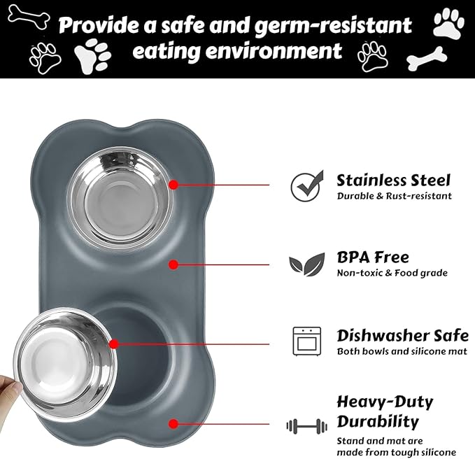 AsFrost Dog Food Bowls Stainless Steel Dog Food & Water Bowl Set with No Spill Non-Skid Silicone Mat, Dog Dishes Pet Feeding Bowls for Small Medium Large Sized Dogs Cat Puppy Food Bowl, Grey, 4 Cup