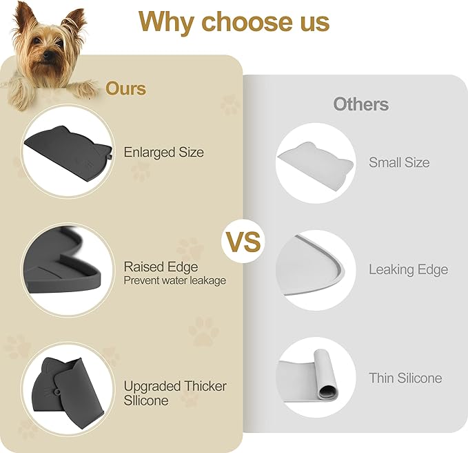 Coomazy Cat Food Mat, Thicker Dog Feeding Mat for Food and Water, Waterproof Non-Slip Silicone Mat for Floor, Dog Food Mat with Raised Edge to Prevent Food Spills and Water Runoff (Black, Medium)