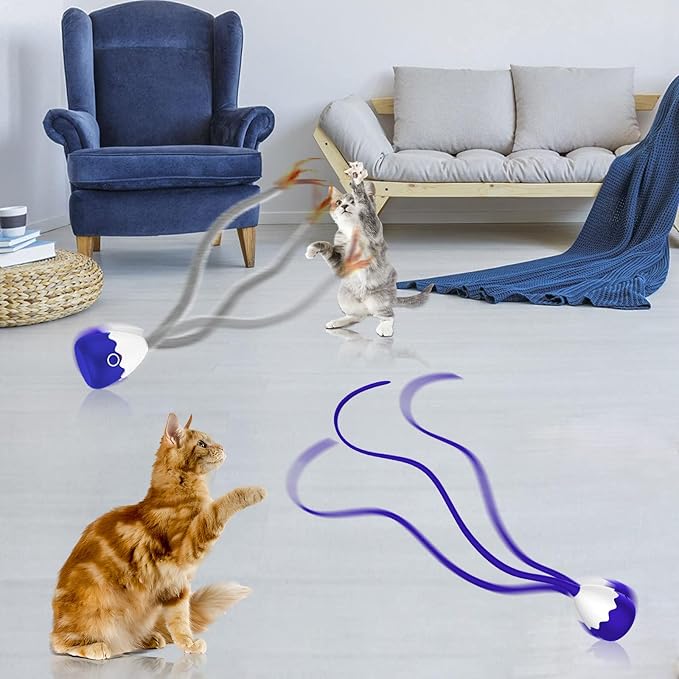 Cat Toys Rechargeable Plush Cat Wand Toy with Silicone Teaser Tail, Electronic Cat Toys Interactive for Indoor Cats/Kittens, Automatic Exercise Cat Toy - Navyblue
