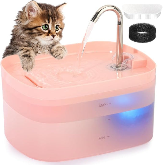 Cat Water Fountain, 84OZ/2.5L Cat Fountain, Super Silent Pet Water Fountain, Activated Carbon Filter, Translucent Pet Water Dispenser Suitable for Multiple Pets Family (Pink+4Filters+4Sponges)