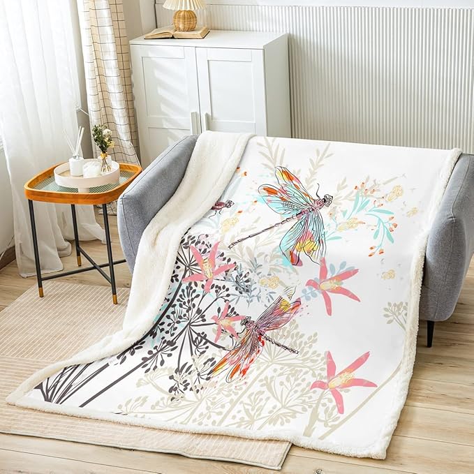 Feelyou Dragonfly Fleece Sherpa Throw Blanket Soft Cozy Fluffy Botanical Fuzzy Blanket Caring Gift for Women 50"x60"