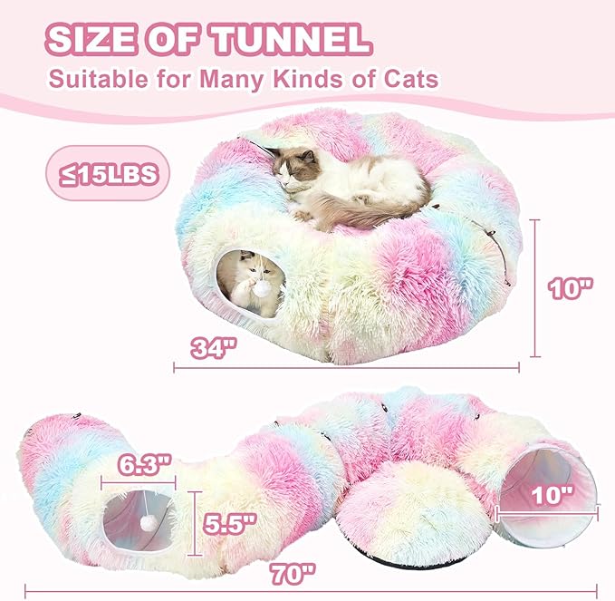 JIUPETY Cat Tunnel Bed with Soft Plush Mat, Collapsible Tube Playground, Cat Toy Tunnel for Indoor Cats, Kitten, Rabbit, Ferret, Fluffy Plush Material, Includes Dangling Balls, Rainbow