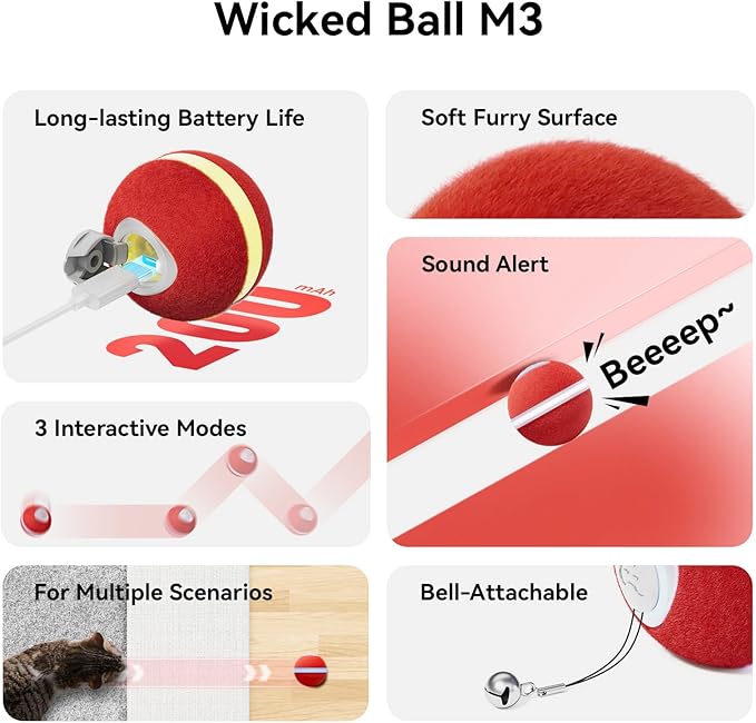 Cheerble 【2025 Upgrade】 Interactive Cat Ball Toy, Wicked Ball M3, Automatic Moving Ball Toy for Indoor Cat Kitten, Smart Anti-Depression Pet Toy Fun Gift with Light
